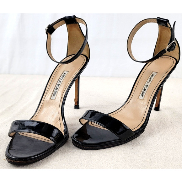Manolo Blahnik Chaos Black Patent Leather Ankle Strap Heels Sandals 39.5 Italy - Picture 1 of 14